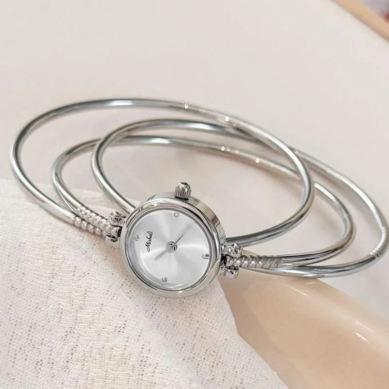 Mishali M2505 3 Silver Bangles White Face Ladies Watch
